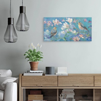 Chickadees on Magnolia Branches Blue Canvas Wall Art