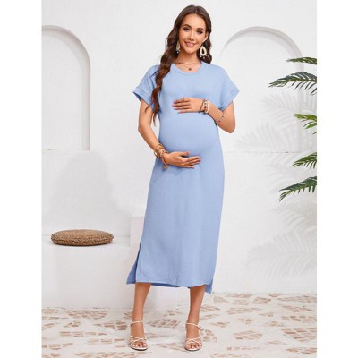 Women's Rib Knit Split Maternity Dresses Short Sleeve Pregnancy Tshirt Dresses Baby Shower Outfits