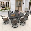 7-Piece Rectangle Cast Aluminum Outdoor Patio Dining Set with Swivel Chairs & Brown Cushions & Umbrella Hole - 3 of 4