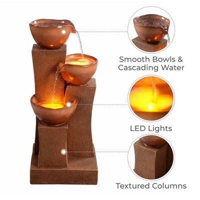 Brown Polyresin 3-Tier Cascading Outdoor Water Fountain with LED Lights