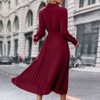 Womens Long Sleeve Dress Collared Surplice Belted Dress with Gather Cuffed Lantern Sleeve V Neck Elegant Formal Dress Pleated Maxi Dress - 2 of 4