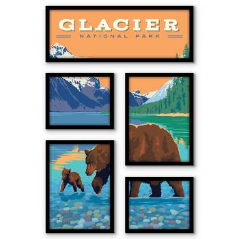Americanflat Glacier National Park St Mary Lake Bears 5 Piece Grid Wall Art Room Decor Set - Animal landscape Modern Home Decor Wall Prints