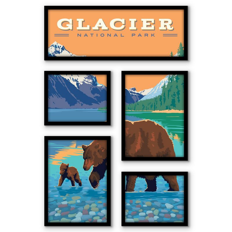 Americanflat Glacier National Park St Mary Lake Bears 5 Piece Grid Wall Art Room Decor Set - Animal landscape Modern Home Decor Wall Prints, 1 of 6