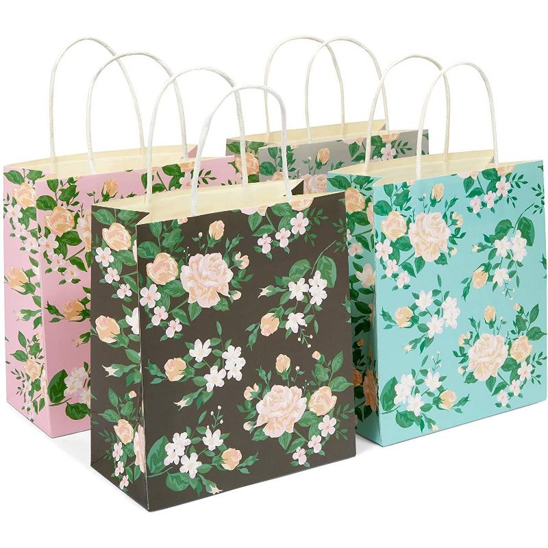 Sparkle and Bash 12-Pack Floral Small Kraft Gift Bags with Handles & 20 Tissue Paper (4 Colors, 8 x 9 x 4 in), 2 of 8