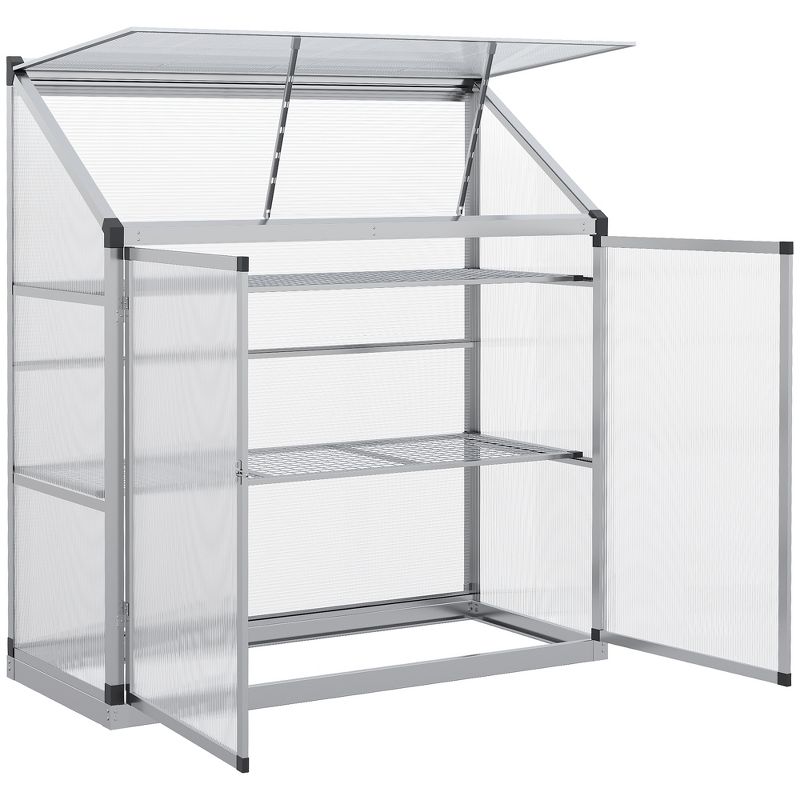 Outsunny Outdoor Garden Greenhouse, Cold Frame Polycarbonate Panel Planthouse with Openable Roof, 3 Shelves, Double Door, 51.5" L x 22.75" x 55", 1 of 7
