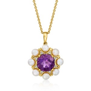 Ross-Simons 4-4.5mm Cultured Pearl and 2.80 Carat Amethyst Pendant Necklace With Diamonds in 18kt Gold Over Sterling Size 18 - 1 of 2