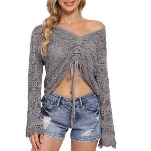 Drawstring Knitted Long Sleeve V Neck Blouse Women Adjustable Crochet Crop Tops - 1 of 4