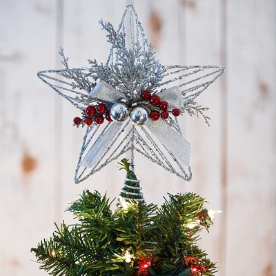 Silver Glitter Metal Star Tree Topper with Red Berries