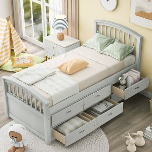 CAVINAS Twin Storage Bed Frame with 6 Drawers, Solid Pinewood Platform Bed, Bed with Headboards, Safe for Kids, No Box Spring Needed - 1 of 4