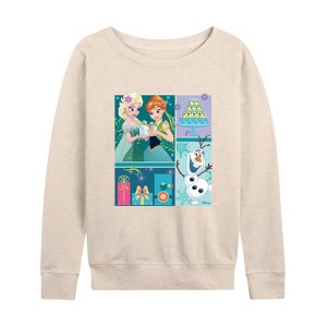 Women's - Disney - Elsa, Olaf & Anna Birthday Celebration Lightweight French Terry Wide Neck Long Sleeve Shirt - 1 of 4