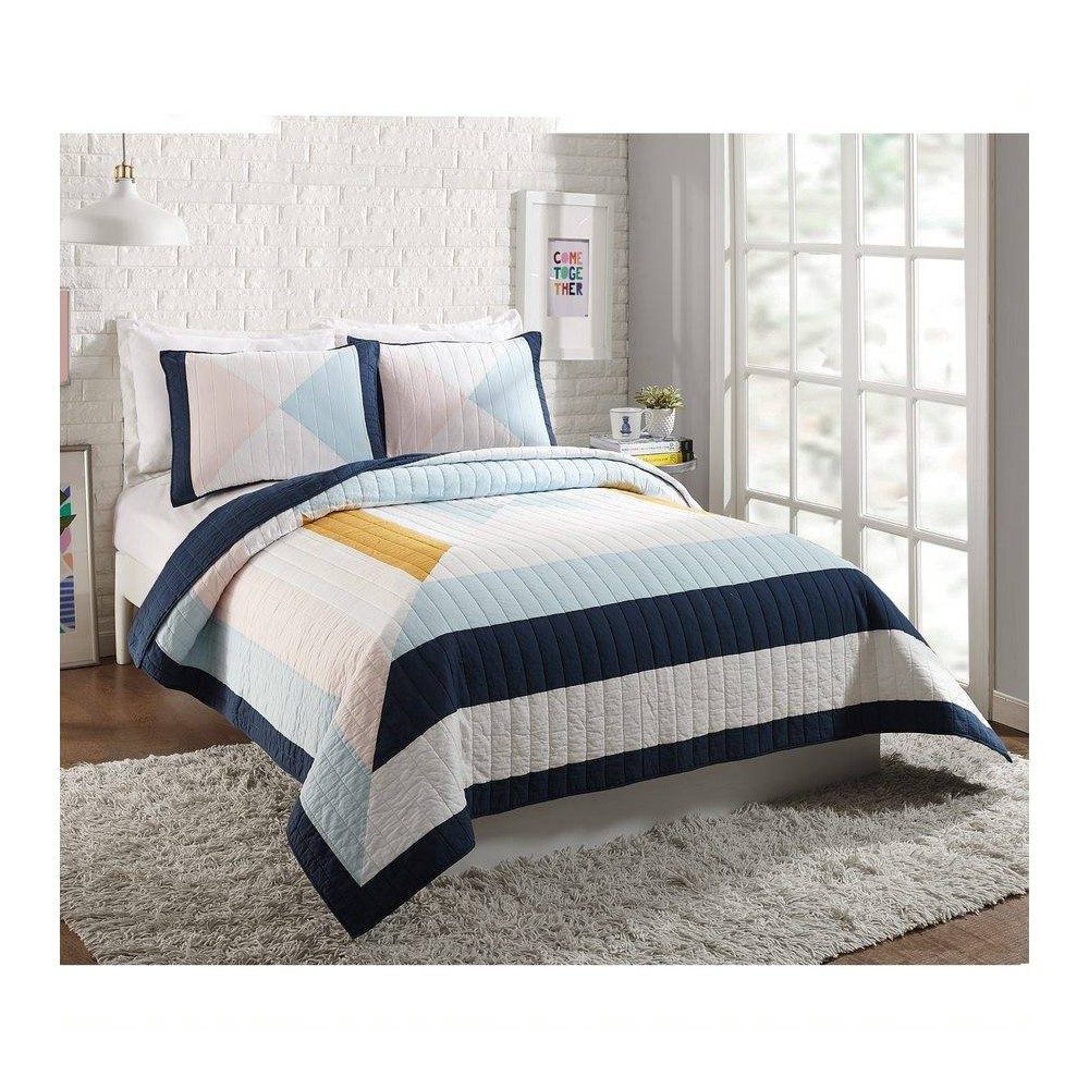 Photos - Bed Linen Ampersand for Makers Collective Full/Queen 3pc Diamond Patchwork Quilt & Sham Set Blue: Modern Reversible Bedding