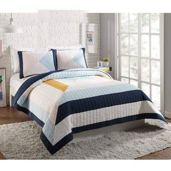 Ampersand for Makers Collective Full/Queen 3pc Diamond Patchwork Quilt & Sham Set Blue