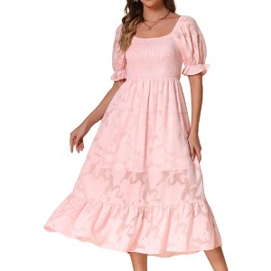 INSPIRE CHIC Women's Summer Short Puff Sleeve Smocked Floral Textured Square Neck Tiered Midi Dress - 1 of 4