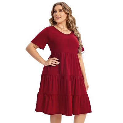 Women's Plus Size Lantern Sleeve Casual Ruffle Hem Loose Swing V Neck Tunic Mini Dress