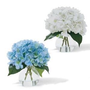2 Pack Artificial Hydrangea Flowers in Glass Vase with Faux Water, Fake Flower Arrangements for Table Centerpiece Decor - 1 of 4