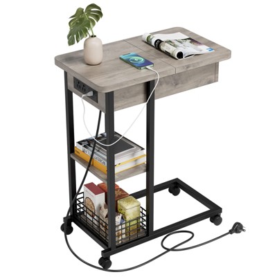 C Shaped Side Table with Charging Station, Flip Top Sofa End Table with USB Ports and Outlets
