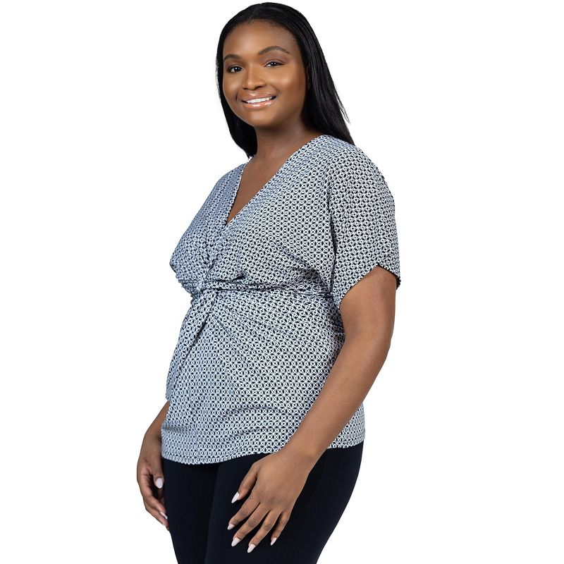 24seven Comfort Apparel Womens Plus Size V Neck Geometric Print Knot Front Sleeve Top, 2 of 7