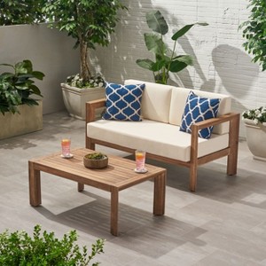 CAVINAS Outdoor Loveseat with Coffee Table, Acacia Wood Patio Furniture Set, Modern Apartment Patio Furniture for Backyard, Beige+Brown - 1 of 4