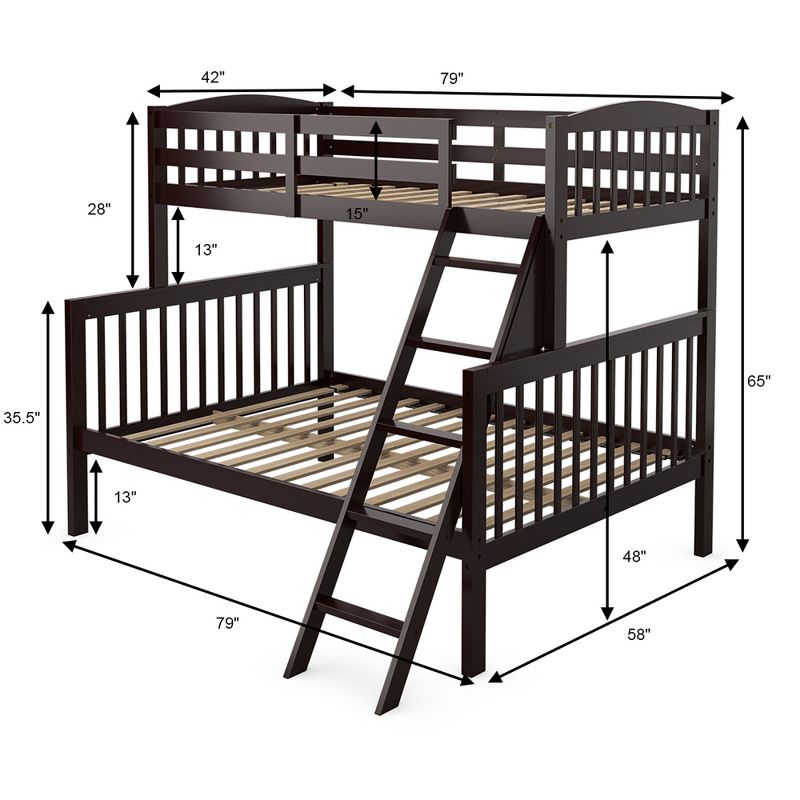 Costway Twin over Full Bunk Bed Rubber Wood Convertible with Ladder Guardrail, 5 of 11