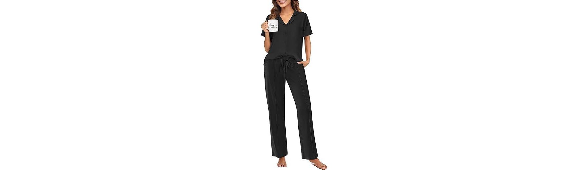 Ekouaer Pajamas for Women Set Button Up Sleepswear 2 Piece Short Sleeve PJ Top and Long Pants Loungwear With Pocket