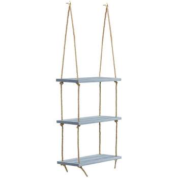 3-Tier Sorbus Rustic Wood Hanging Shelf - Storage Rope Organizer Rack, Floating Display Shelves (Grey)
