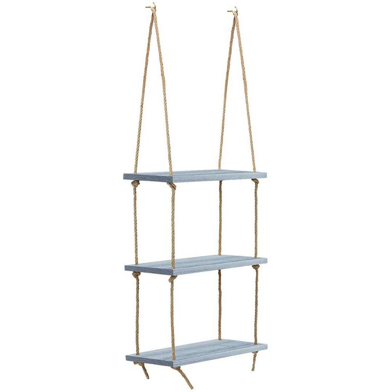 3-Tier Sorbus Rustic Wood Hanging Shelf - Storage Rope Organizer Rack, Floating Display Shelves (Grey), 1 of 10