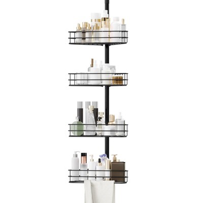 Corner Shower Caddy Tension Pole, 76"-110" Adjustable Bathroom Organizer Shelves, 4-Tier Bathroom Shelves with Built-In Towel Bars