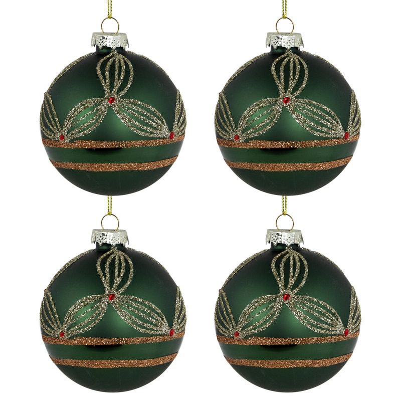 Northlight 4ct Green and Gold Holly Berry Christmas Glass Ball Ornaments 3", 5 of 6