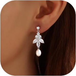 Pearl Earrings,14k Gold Plated Trendy Diamond Pearl Drop Earrings Bridal Shower Gifts Wedding jewelry for Women - 1 of 4