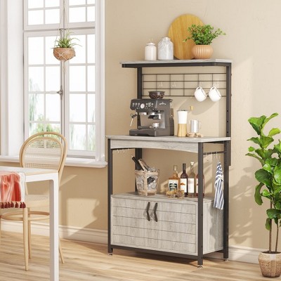 Grey Wash 3-Tier Baker's Rack with Storage Cabinet and Hooks