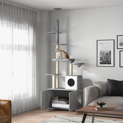 FURNIinspire Pet Tower Cat Playhouse Cat Tree Cat Tower With Litter Box Enclosure, Hammock, Scratching Posts, Platforms, Gray, 31.5"*18.9"*102.4"