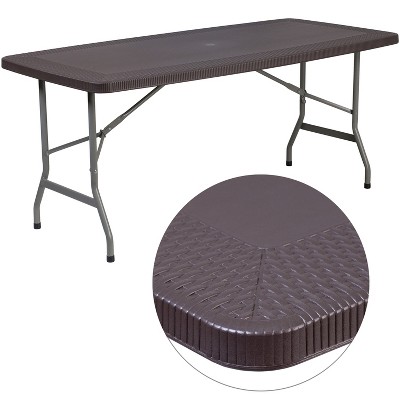 Emma and Oliver 5.62-Foot Brown Rattan Indoor-Outdoor Plastic Folding Table with Umbrella Hole
