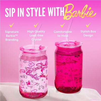 Barbie Pink and Magenta Glass Tumblers with Lids and Straws, Set of 2