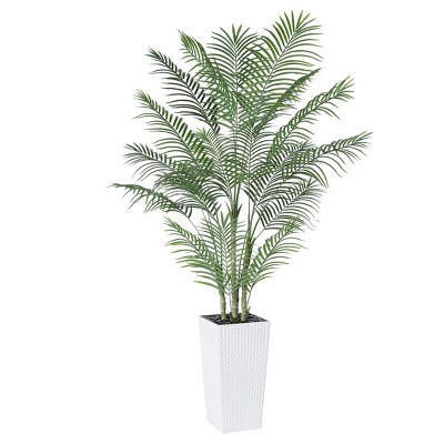 DR.Planzen UV Resistant 6-7FT Artificial Palm Tree with White Tall Planter, Big Pre Potted Fake Palm Plants for Indoor Outdoor Office House Decor