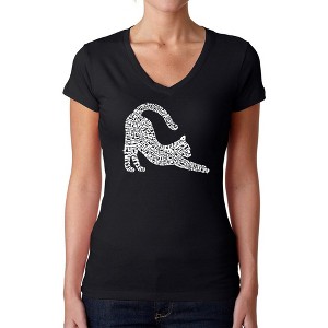 LA Pop Art Stretching Cat - Women's Word Art V-Neck T-Shirt - 1 of 4