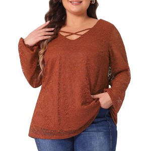 Agnes Orinda Women's Plus Size V Neck Lace Sheer Layer Long Sleeve Cross Strap Blouses - 1 of 4