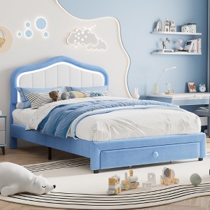 ODK Upholstered Twin Bed Frame with Storage Drawer, Cute Velvet Bed Frame with Headboard for Kids, No Box Spring Needed, Wooden Slats, Noise Free - 1 of 4
