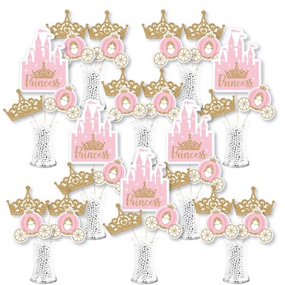 Big Dot of Happiness Little Princess Crown - Pink Princess Baby Shower or Birthday Party Centerpiece Sticks - Showstopper Table Toppers - 35 Pieces