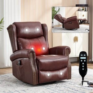 Genuine Leather Swivel Recliner Chair, Manual Rocker Recliner Chair with Heat and Massage, Living Room Single Lounge Sofa Chair-Koiai - 1 of 4