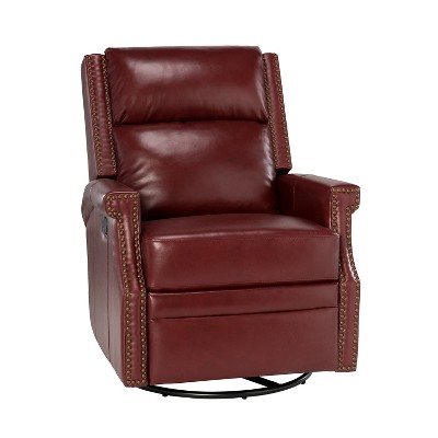 Favonius Wooden Upholstery Genuine Leather Swivel Rocker Recliner with Nailhead Trim for Bedroom and Living Room| ARTFUL LIVING DESIGN