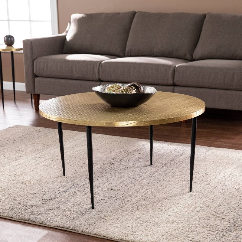 Haddfield Round Cocktail Table with Embossed Top Brass/Black - Aiden Lane, 3 of 11