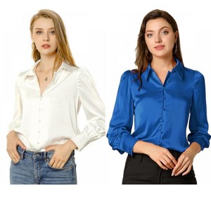 Allegra K Women's Satin Puff Sleeve Point Collar Vintage Button Up Shirt 2 Pcs - 1 of 4
