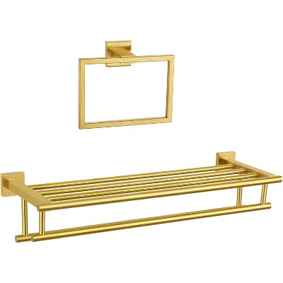 Mixxidea 24-Inch Towel Shelf with Holder Bundle with Square Towel Ring (Brushed Gold)