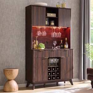 SinCiDo Modern 72" Tall Storage Hutch Wine Bar Cabinet, Fluted Coffee Bar w/LED Lights, 10 Tier Storage Shelf & 9 Grid Wine Glass Rack - 1 of 4