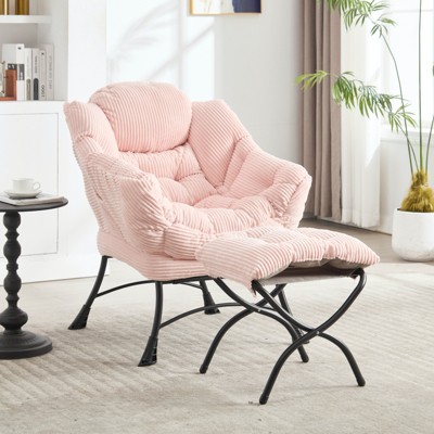 Tiramisubest Lazy Chair with Ottoman Steel Frame Lounge Chair Flannelette Upholstered Chair Ergonomic Reading Chair Living Room Bedroom, Pink