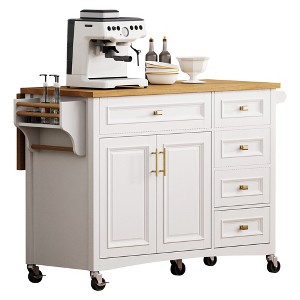 PDTEND Embossed Texture Kitchen Island with Drop Leaf, Spice Rack, Towel Rack, 2 Doors, 5 Drawers, Rolling Kitchen Storage Cart - 1 of 4