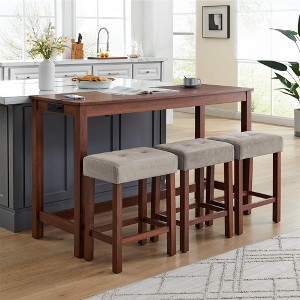 KWPZQEB 59-Inch Bar Table Set with 3 Padded Stools, Dining Table with Power Outlet, 4 Piece Bar Table and Chairs Set for Kitchen, Living Room - 1 of 4