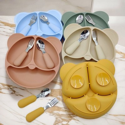AOSTIRMOTOR Baby Kids Bear Face Plate Set Silicone Dinner Plate Stainless Steel Spoon and Fork Cartoon Kids Tableware Set