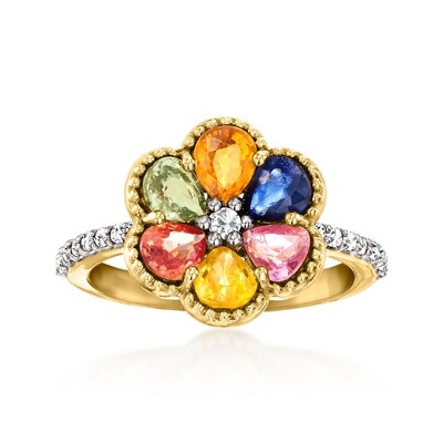 Ross-Simons 1.90 ct. t.w. Multicolored Sapphire and .10 ct. t.w. White Topaz Flower Ring With Single Diamond in 18kt Gold Over Sterling Size 7
