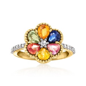 Ross-Simons 1.90 ct. t.w. Multicolored Sapphire and .10 ct. t.w. White Topaz Flower Ring With Single Diamond in 18kt Gold Over Sterling Size 7 - 1 of 3